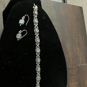Vintage Marcasite 925 Sterling Silver Blue Topaz Bracelet and Earrings